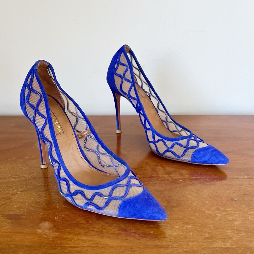 Aquazzura Blue Mesh and Suede Pointed-Toe Stiletto Pumps
